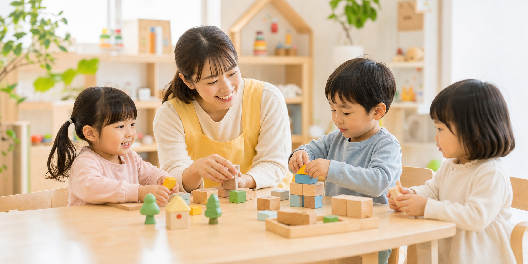 Teacher and preschool children learning with wooden blocks